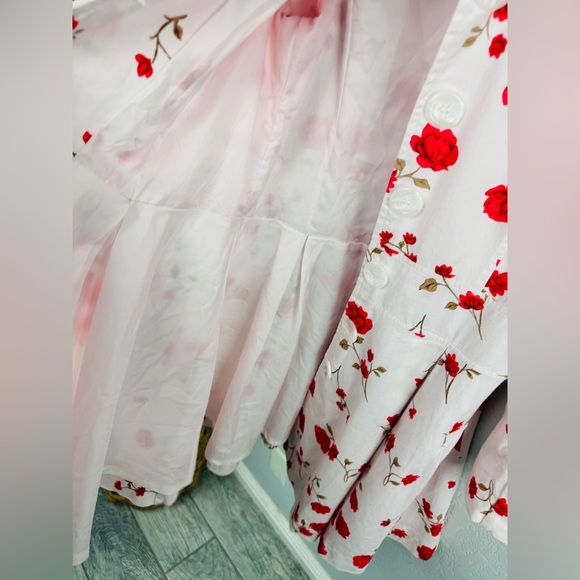 New Red Pink Roses Floral Red and White Fit & Flare Princess Pea Coat - Picture 7 of 11